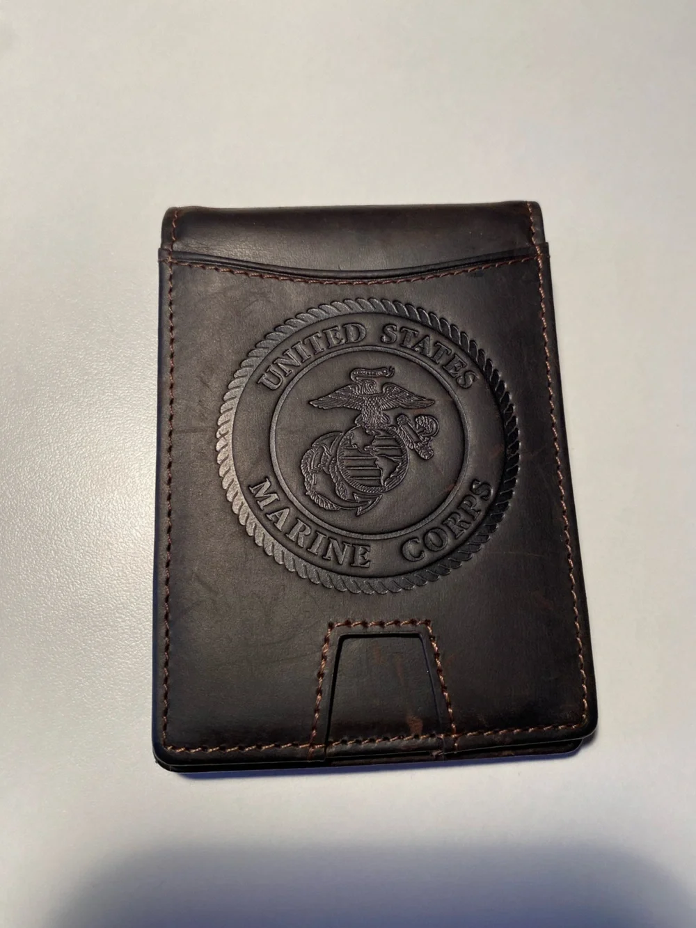 Brown Leather Bifold Wallet with Money Clip Embossed with Marine Emblem